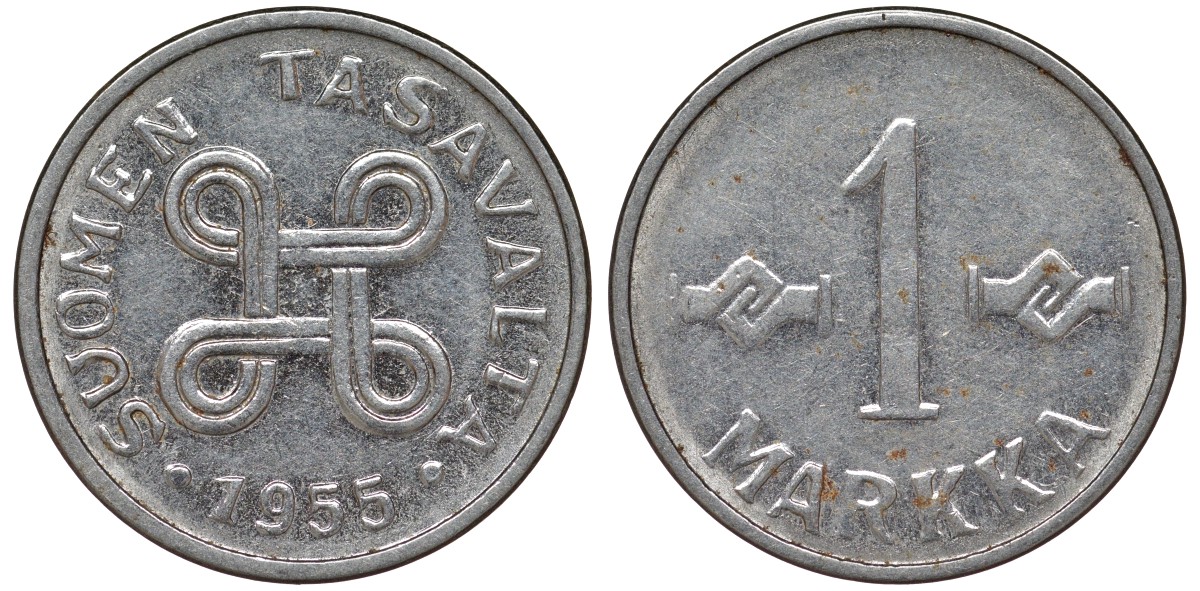 Финляндия 1 марка 1955 KM 36a никелированное железо 4164-131