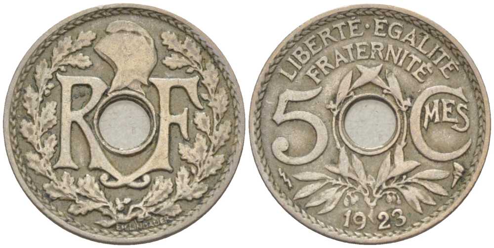 ФРАНЦИЯ 5 САНТИМОВ 1923 tb, ТИП ЛИНДАЙЁ, МОНЕТНЫЙ ДВОР ПУАССИ, МОЛНИЯ KM 875, LE FRANC 122.7 медно-никель 201-845
