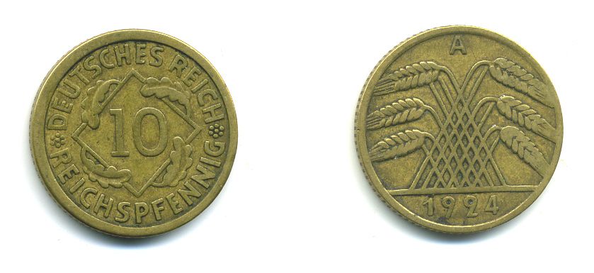 ГЕРМАНИЯ 10 РЕЙХСПФЕННИГОВ 1924 A KM 40, J. 317, Weege 9 алюминиевая бронза 46-1413