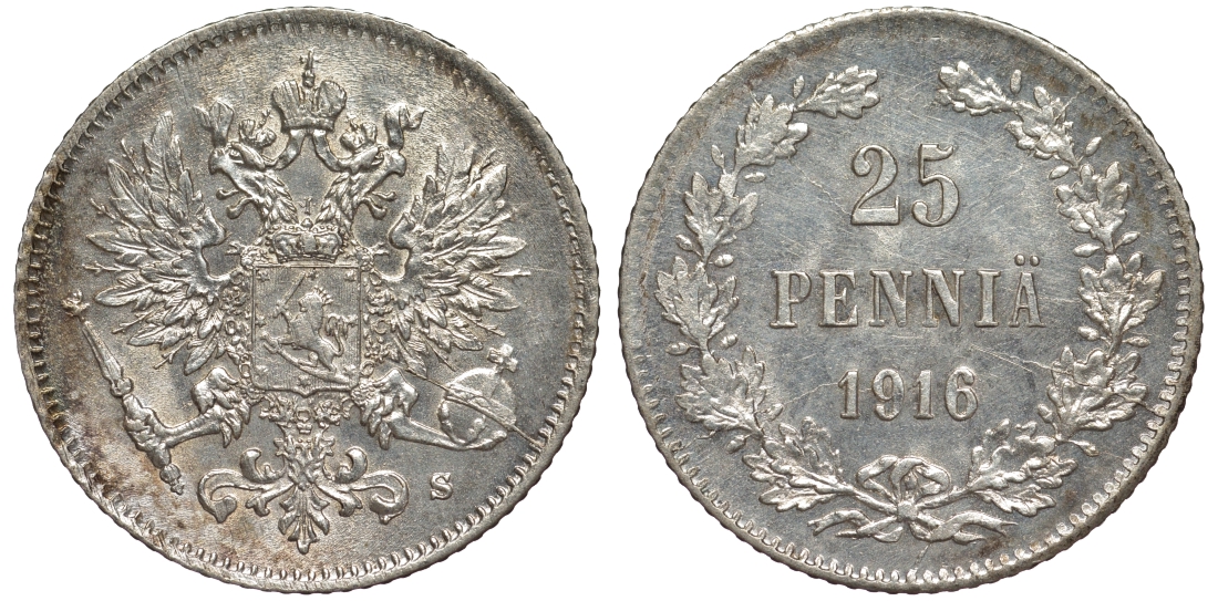 Россия для Финляндии 25 пенни 1916 S, Николай II (1894-1917) KM 6.2, Биткин 421 серебро 75-1321