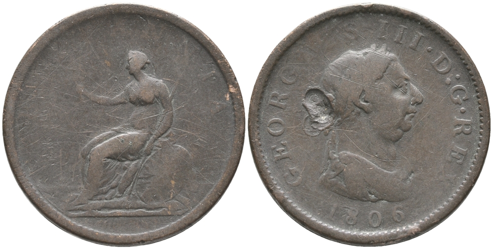 Великобритания 1 пенни 1806 Георг III (1760-1820) Spink 3780, KM 663 медь 32-346