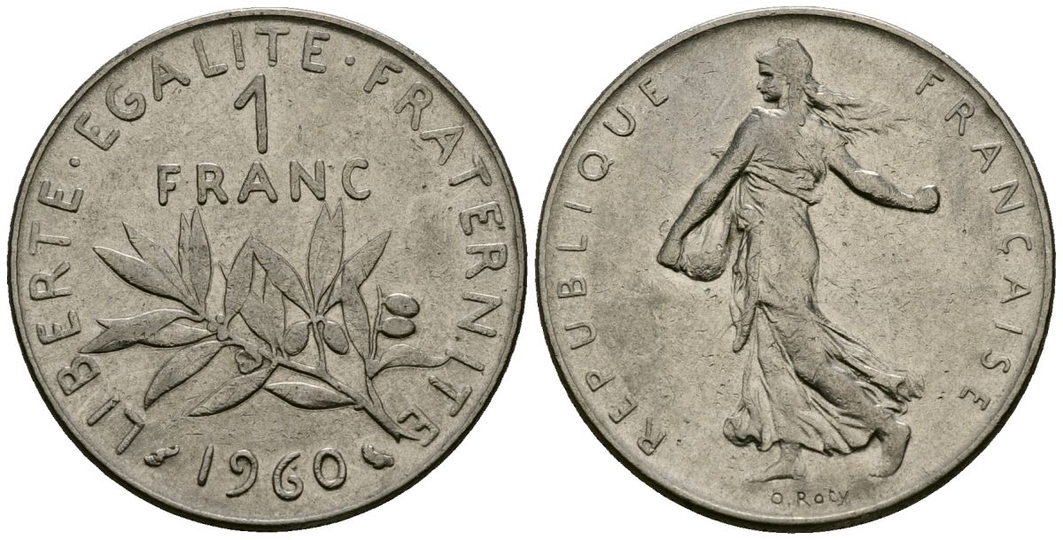 Франция 1 франк 1960 сеятель KM 925 никель 4135-754