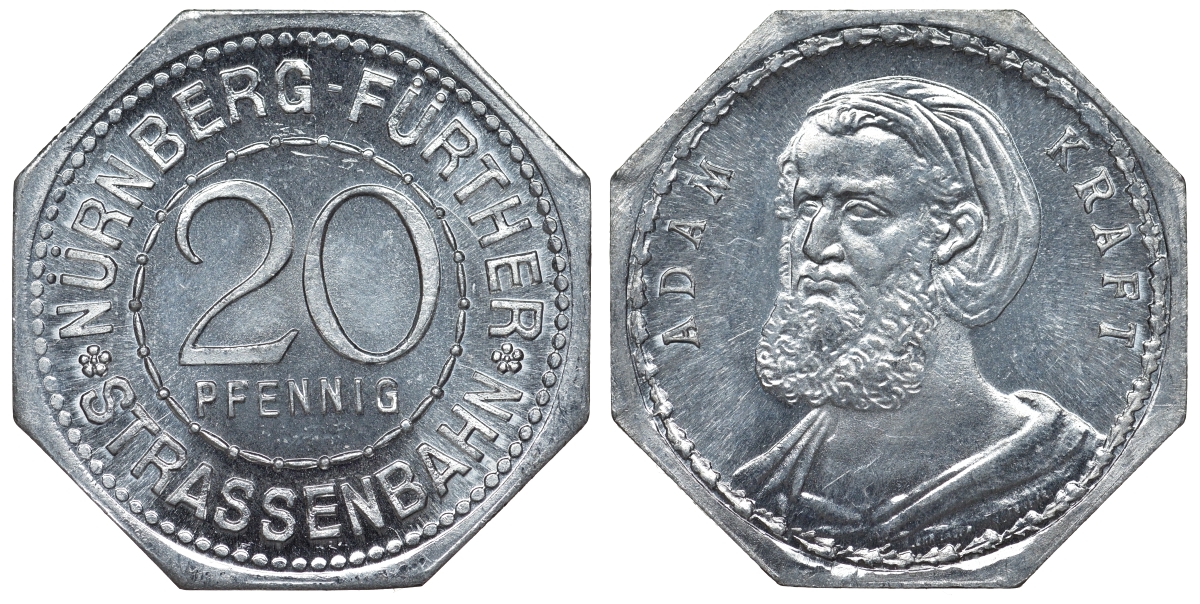 Германия, Нюрнберг - Фюрт 20 пфеннигов ND трамвайный жетон, Адам Крафт алюминий UNC 4119-647