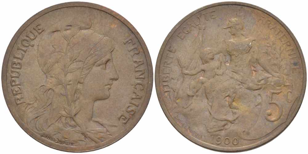 ФРАНЦИЯ 5 САНТИМОВ 1900 ТИП ДАНИЭЛЬ ДЮПЮИ KM 842, LE FRANC 119.9 бронза 108-822