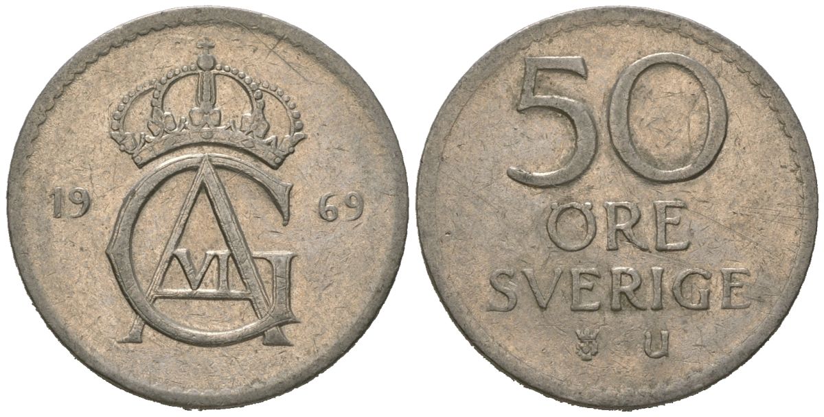Швеция 50 эре 1969 U, Густав VI Адольф (1950-1973) KM 837 медно-никель 4621-336