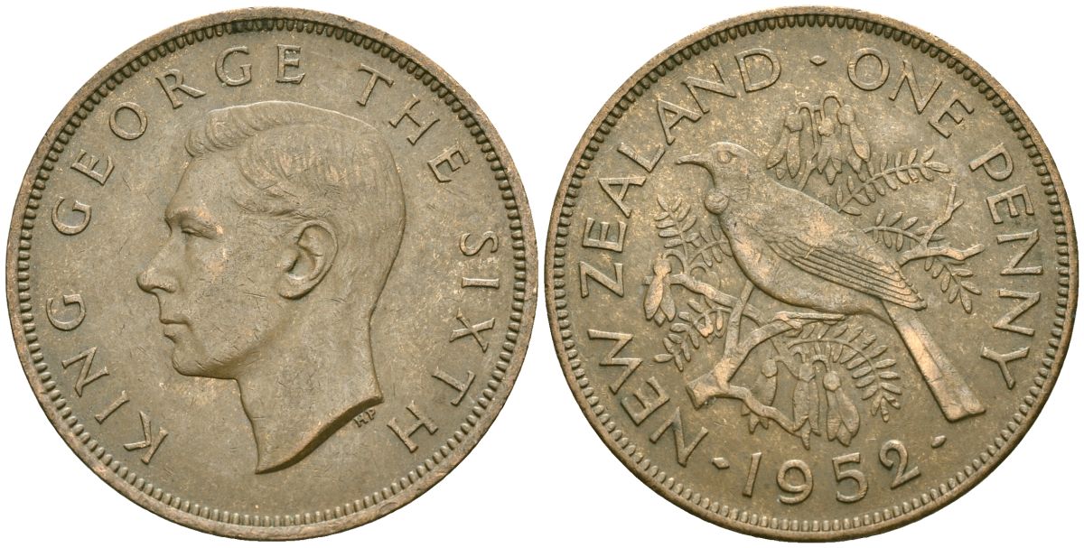 Новая Зеландия 1 пенни 1952 Георг VI (1936-1952), новозеландский туи KM 21 бронза 3457-142
