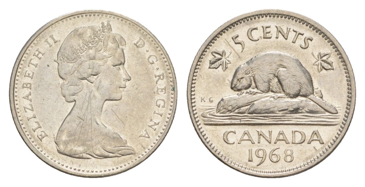 Канада 5 центов 1968 Елизавета II (1952-2022), бобр KM 60.1 никель 4630-715