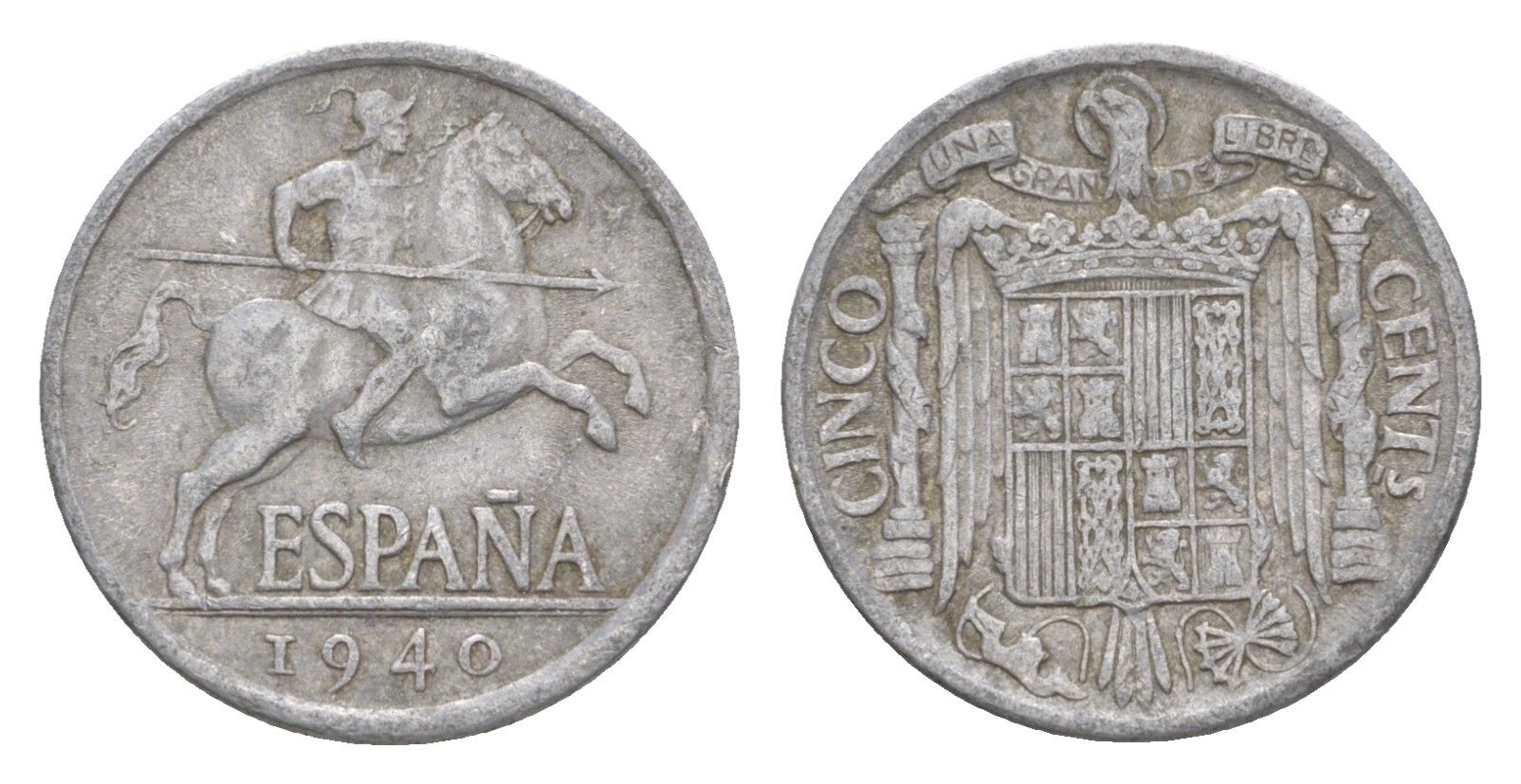 Испания 5 сентимо 1940 рыцарь на коне, Франсиско Франко (1939-1975) KM 765 алюминий 4623-626