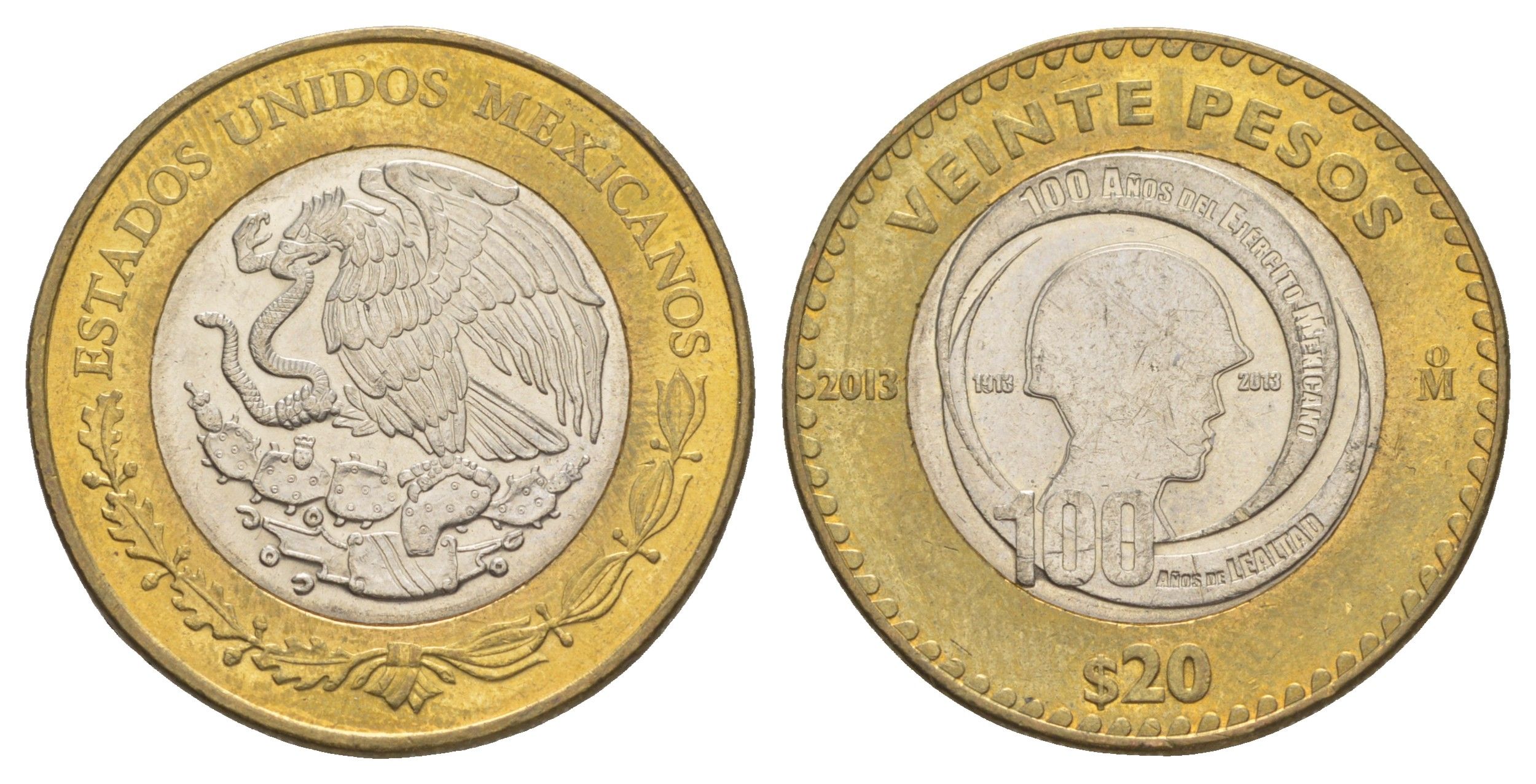 Мексика 20 песо 2013 100 лет Мексиканской армии KM 969 биметалл aUNC 4634-241