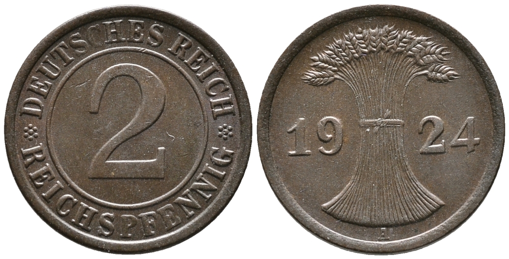 ГЕРМАНИЯ 2 РЕЙХСПФЕННИГА 1924 A KM 38, J. 314 бронза 24-715