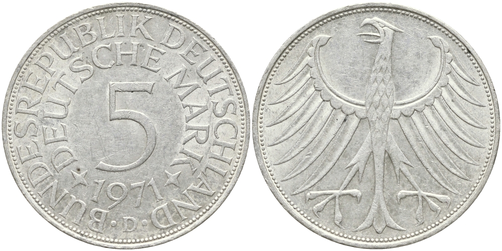 ФРГ 5 МАРОК 1971 D, KM 112.1, J. 387 серебро 1523-412