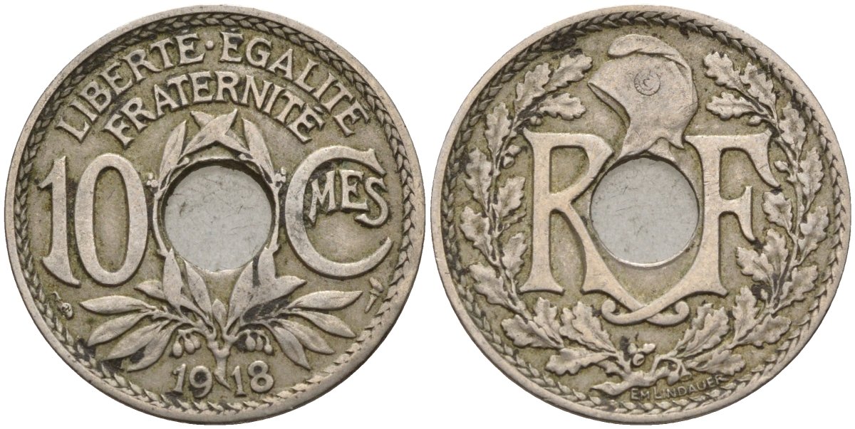 Франция 10 сантимов 1918 тип Линдайё KM 866a, Le Franc 138.3 медно-никель 4143-832