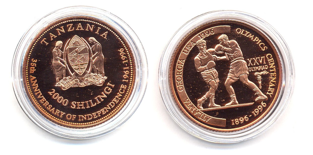 Танзания 2000 шиллингов 1996 XXVI Олимпийские игры 1996 года в Атланте, 100 лет Олимпийскому движению, боксеры, пробник, рубчатый гурт медь PROOF 06-157-21