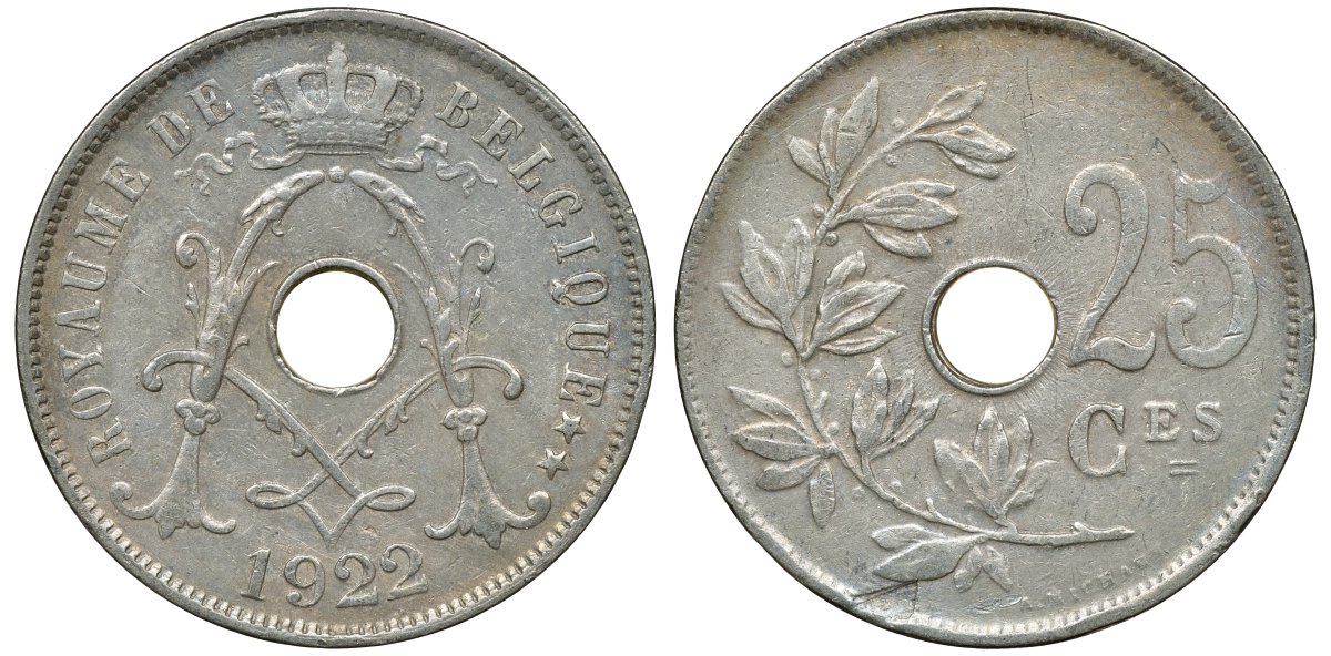 БЕЛЬГИЯ 25 САНТИМОВ 1922 BELGIQUE KM 68.1 медно-никель 72-536