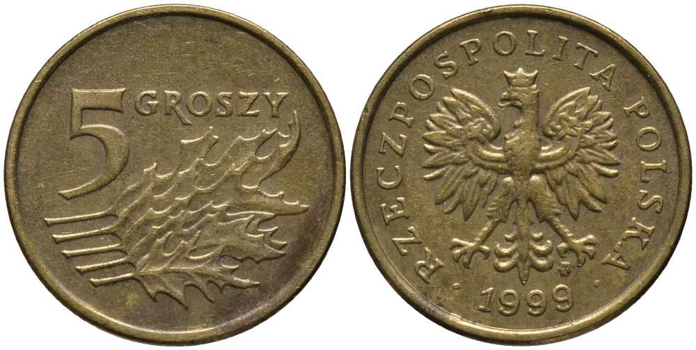 Польша 5 грошей 1999 MW KM 278, Parchimowicz 703f латунь 201-426