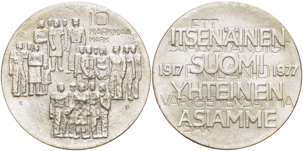 Финляндия 10 марок 1977 K-H, 60 лет независимости (1917-1977) KM 55 серебро UNC 1515-1434