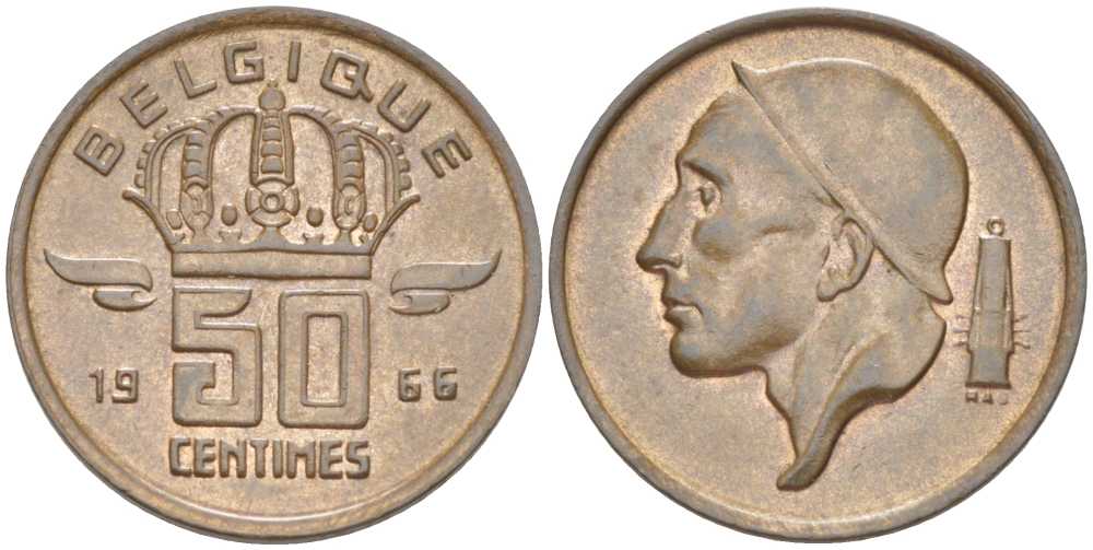 БЕЛЬГИЯ 50 САНТИМОВ 1966 BELGIQUE, БОДУЭН I (1951-1993) KM 148.1 бронза 214-454