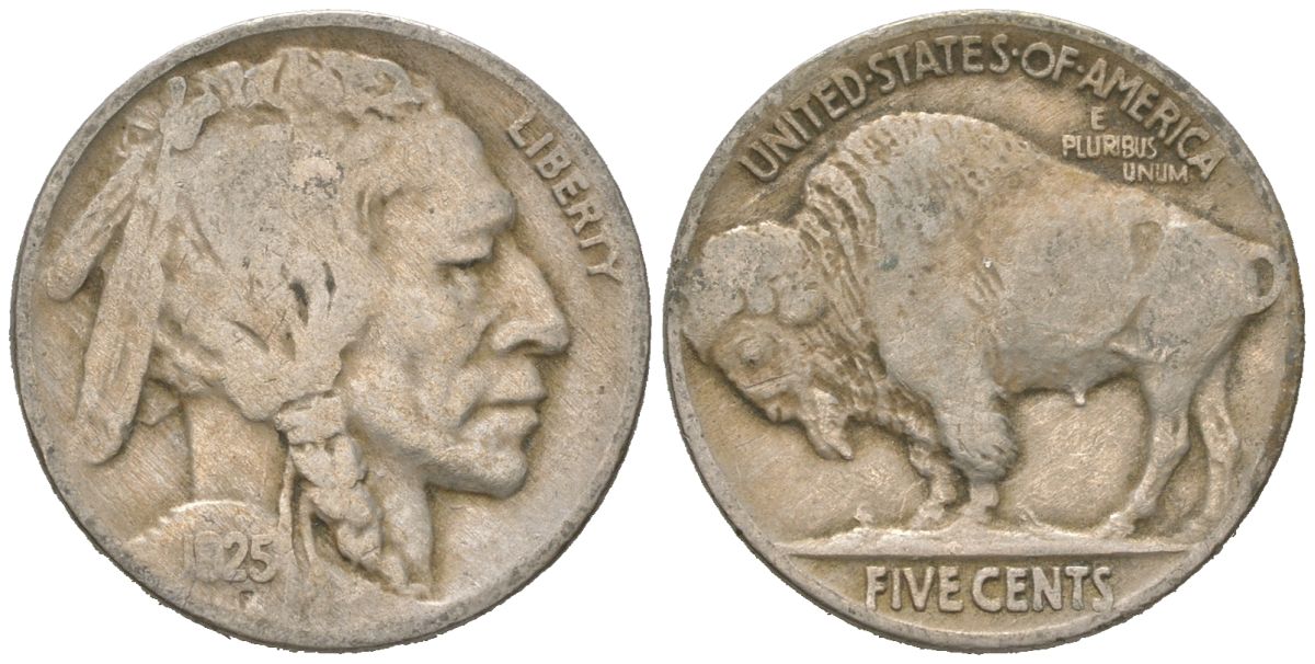 США 5 центов 1925 индеец, бизон KM 134 медно-никель 4614-1064