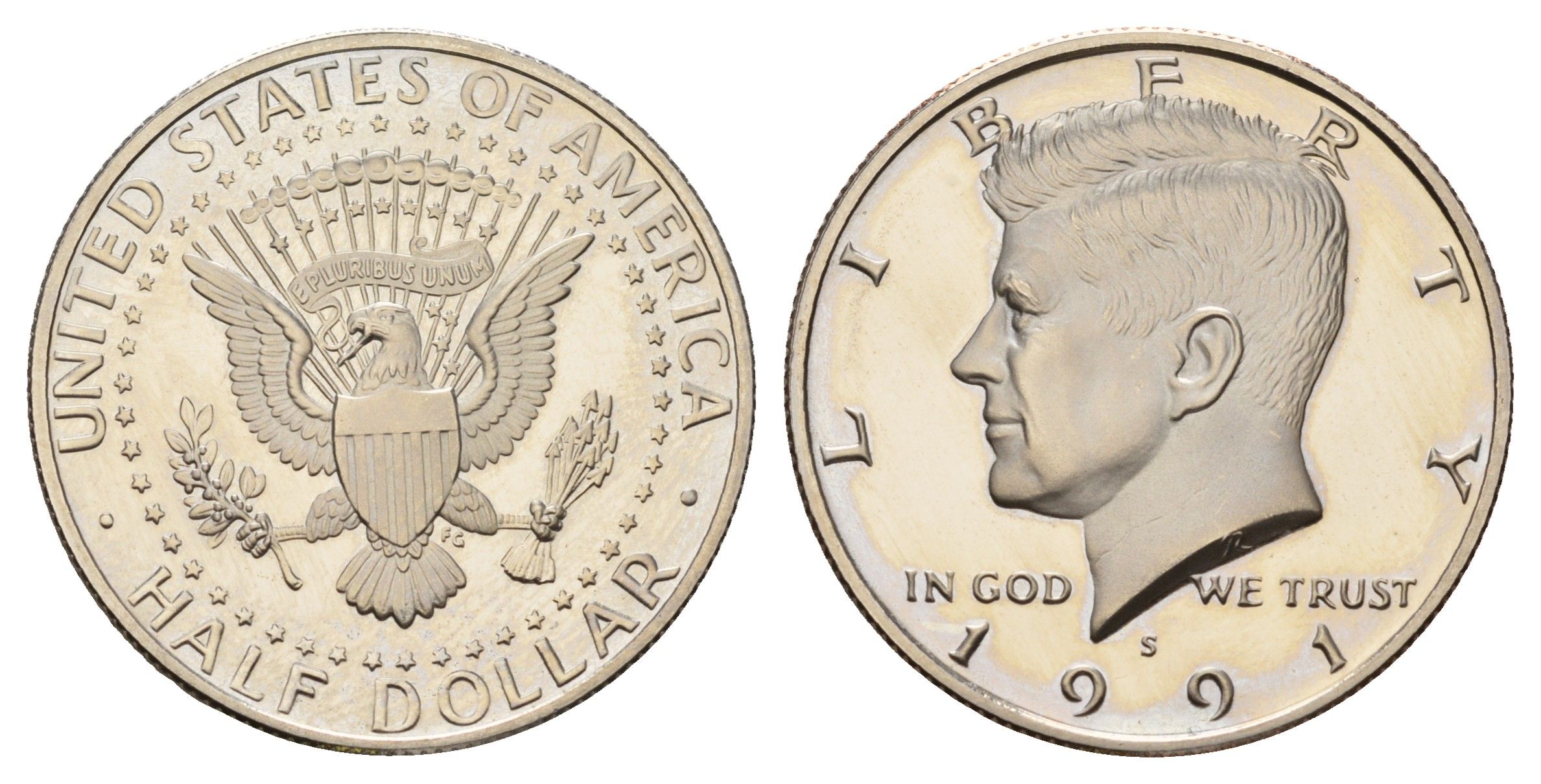 США 1/2 доллара (50 центов) 1991 S, Джон Кеннеди KM A202b медь плакированная медно-никелем PROOF 1522-1211