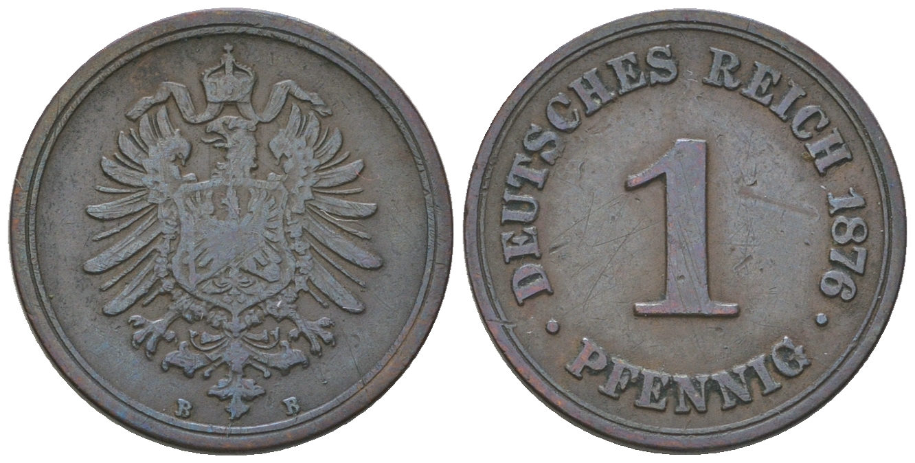 Германия 1 пфенниг 1876 В, старогербовка KM 1, J. 1 медь 4385-624