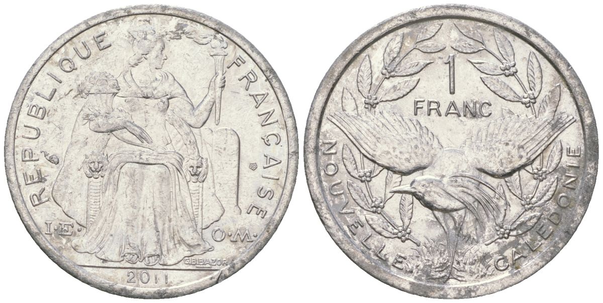 Французская Новая Каледония 1 франк 2011 птица кагу, (IEOM) KM 10, Schoen 10 алюминий 36-357