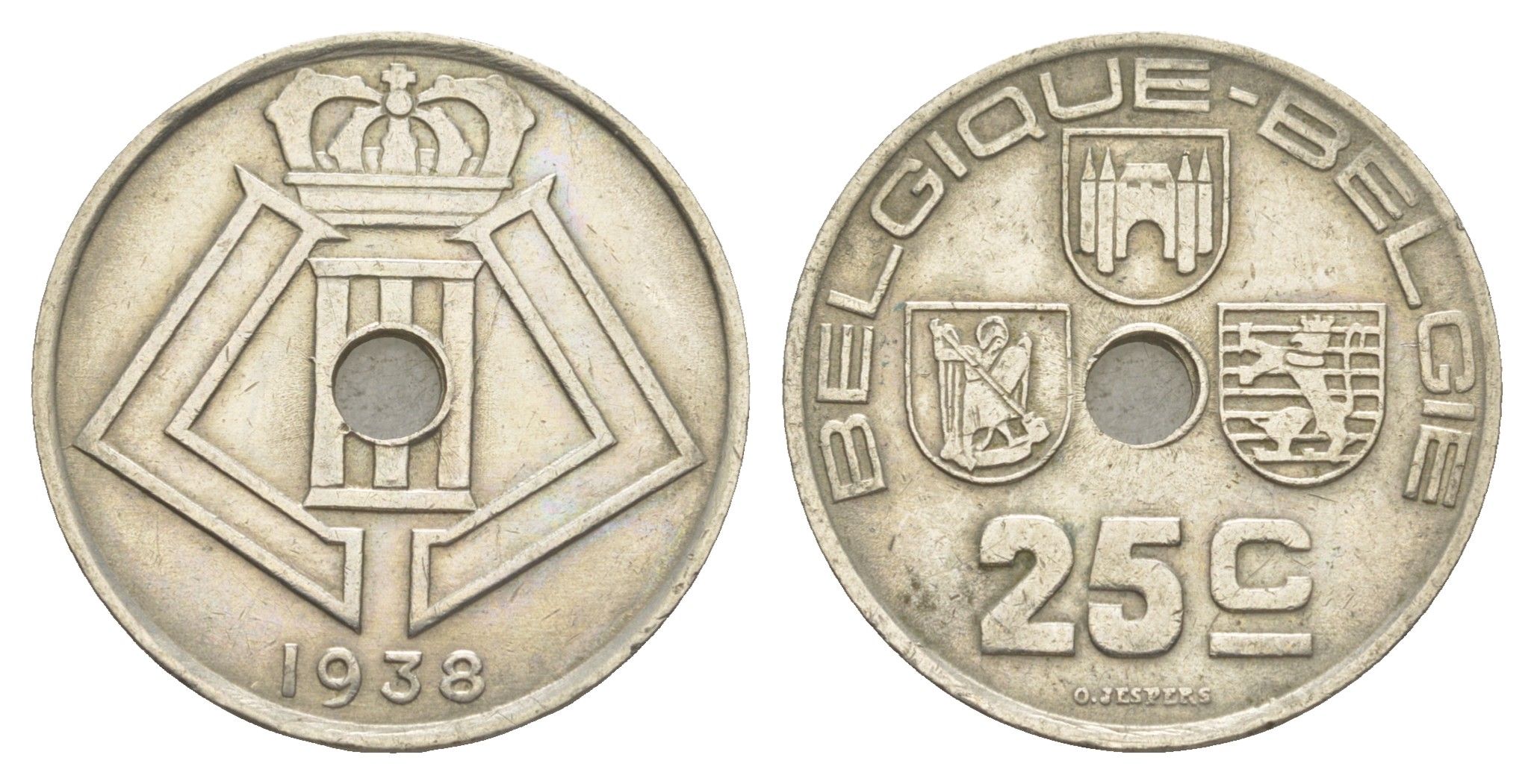 Бельгия 25 сантимов 1938 Belgique - Belgie, Леопольд III (1934-1951) KM 114 никель латунь 4538-822