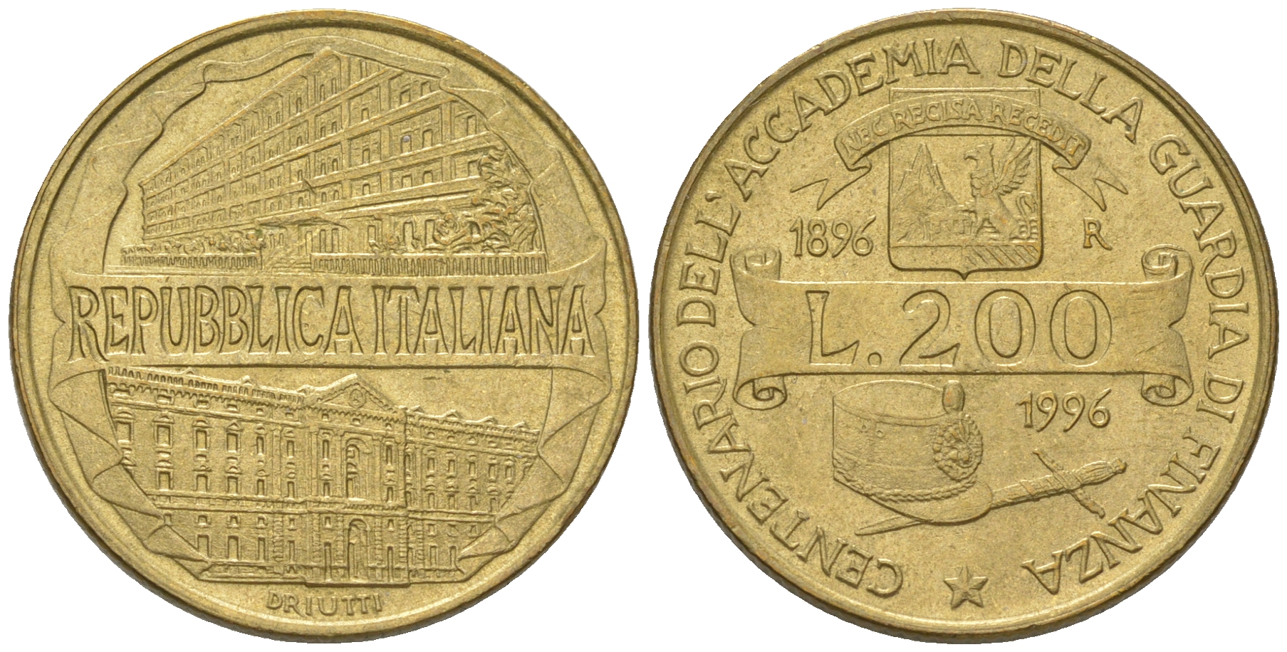 Италия 200 лир 1996 R, 100 лет Академии таможенной службы KM 184 алюминиевая бронза 4641-443