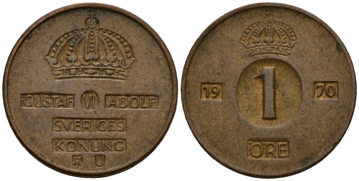 Швеция 1 эре 1970 Густав VI Адольф (1950-1973) KM 820 бронза 4154-738