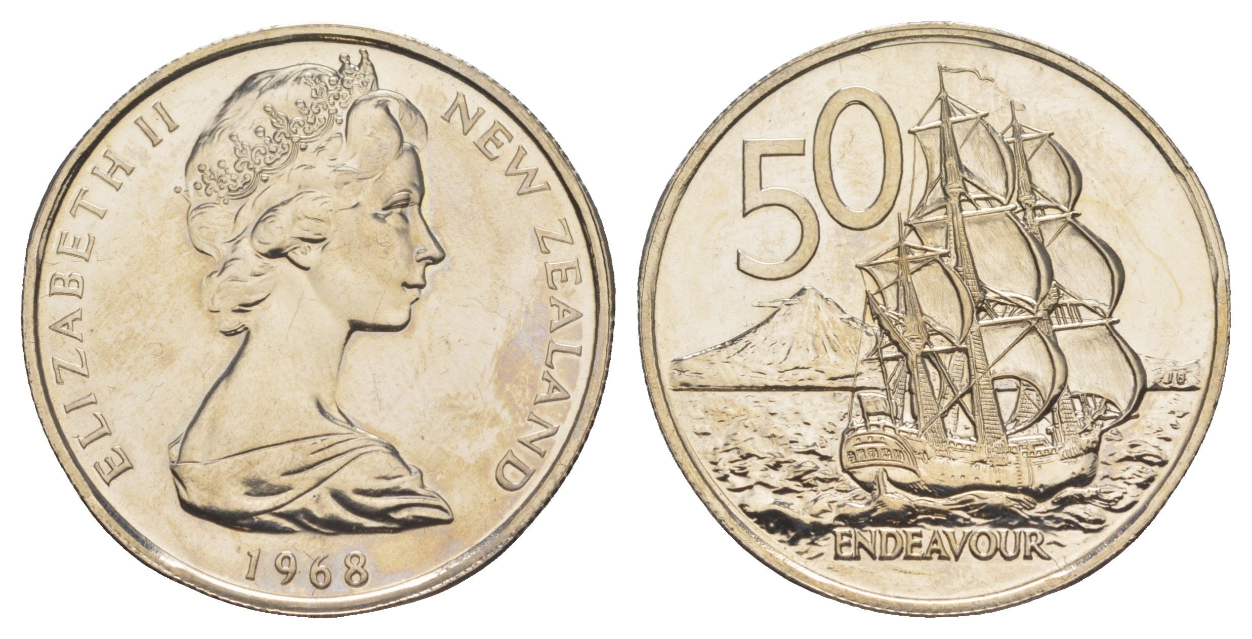 Новая Зеландия 50 центов 1968 Елизавета II (1952-2022), парусник Индевор, тираж 35.000 экземпляров KM 37 медно-никель BU 84-141