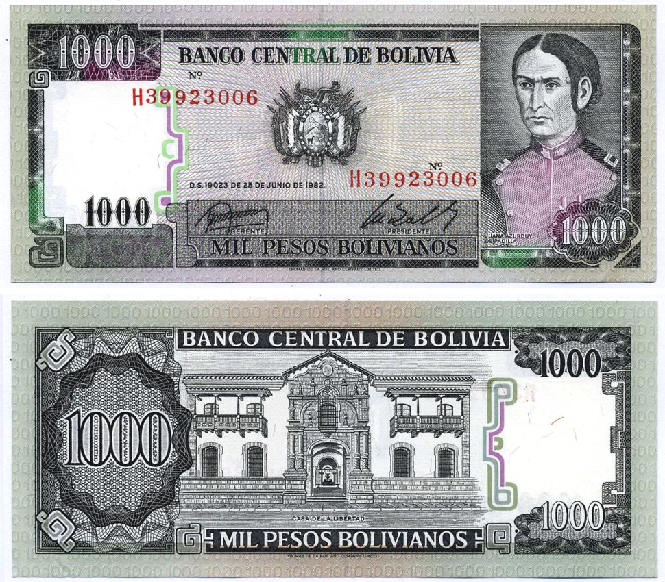 Боливия 1000 песо боливиано 1982 Хуана Асурдуй де Падилья Pick 167a (3) бумага UNC (пресс) 8589-4-1-2