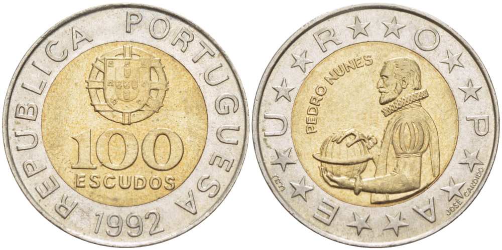Португалия 100 эскудо 1992 Педру Нуниш (1502-1578), математик KM 645.1 биметалл 4513-1024