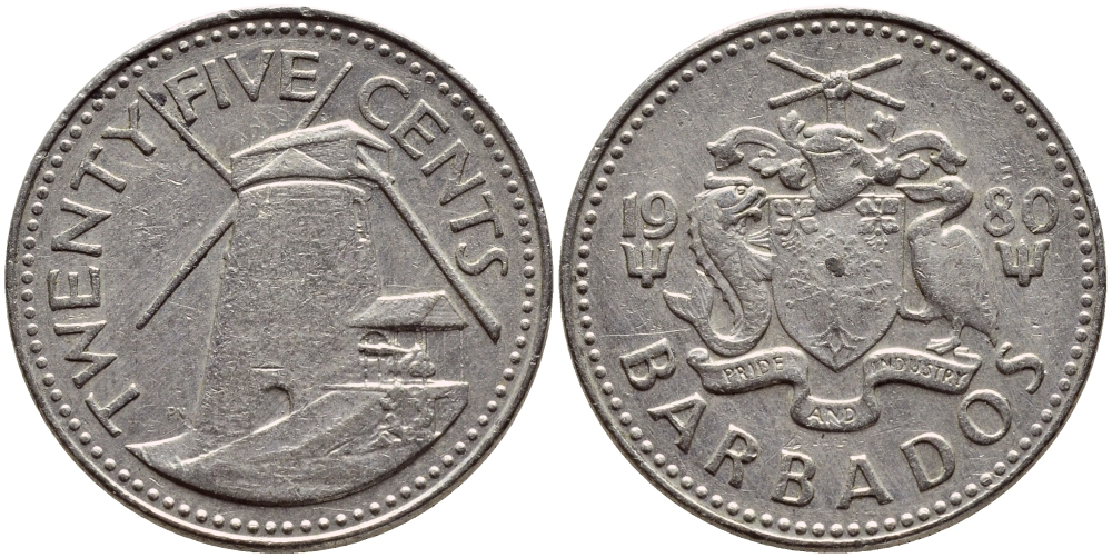 Барбадос 25 центов 1980 ветряная мельница Моргана Льюиса KM 13 медно-никель 4398-411