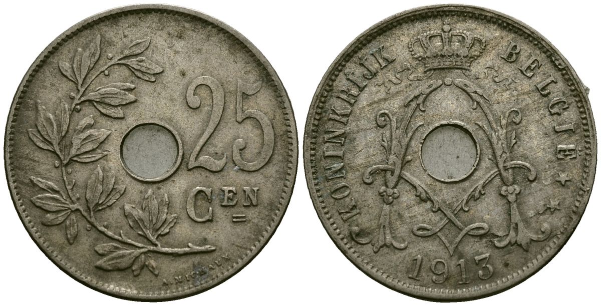 Бельгия 25 сантимов 1913 Belgie KM 69 медно-никель 4165-741