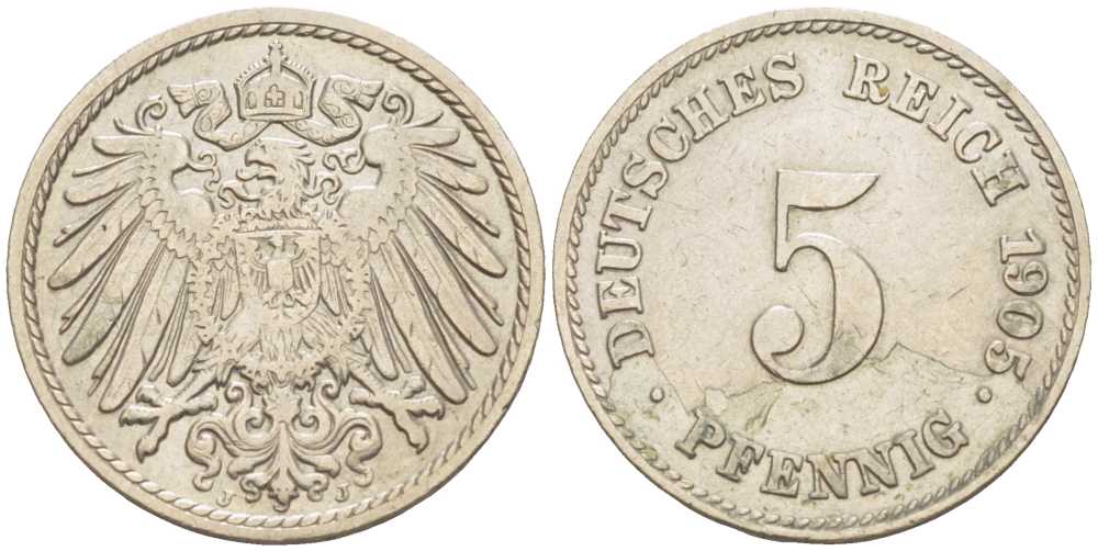ГЕРМАНИЯ 5 ПФЕННИГОВ 1905 J KM 11, J. 12 медно-никель 105-114
