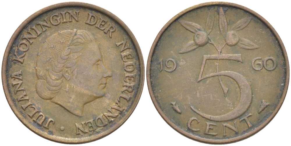НИДЕРЛАНДЫ 5 ЦЕНТОВ 1960 ЮЛИАНА (1948-1980) KM 181 бронза 213-1032