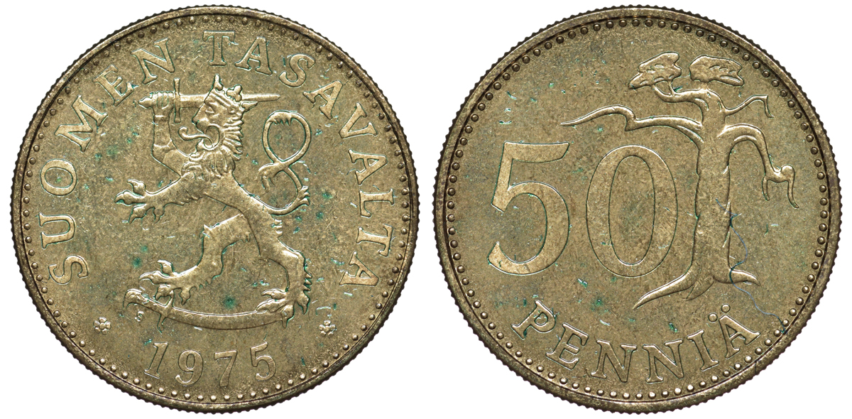 Финляндия 50 пенни 1975 S KM 48 алюминиевая бронза 259-624