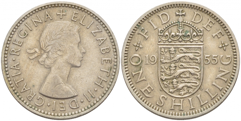 Великобритания 1 шиллинг 1955 Елизавета II (1952-2022), Английский герб KM 904, Spink 4147 медно-никель 77-115