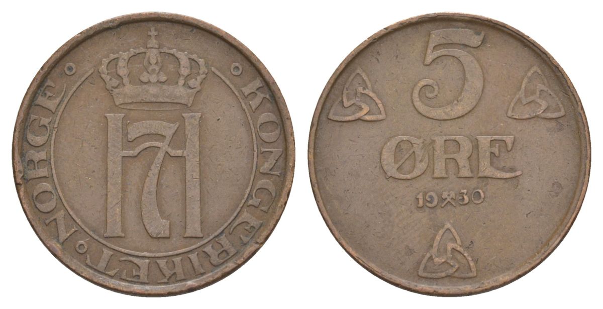 Норвегия 5 эре 1930 Хокон VII (1905-1957) KM 368 бронза 4635-525