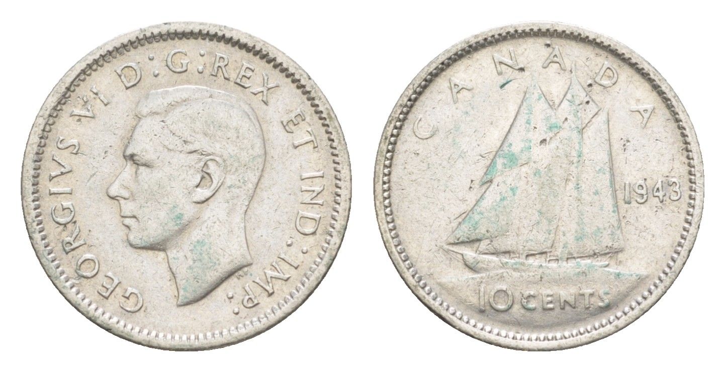 Канада 10 центов 1943 Георг VI (1936-1952), парусник KM 34 серебро 4639-545