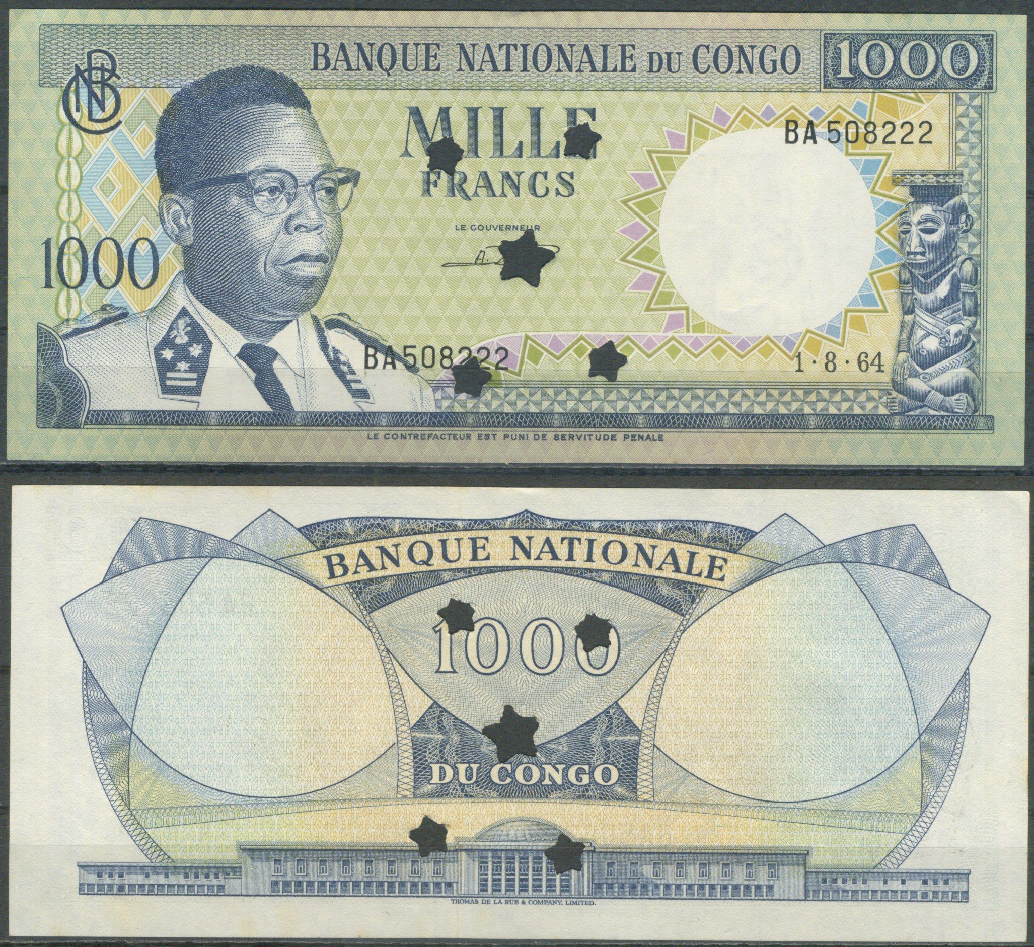 ДР Конго 1000 франков 1964 Жозеф Касавубу, дворец народа, Киншасе, 1 августа 1964, погашена Pick 8 бумага UNC (пресс) 7553-7-1-1