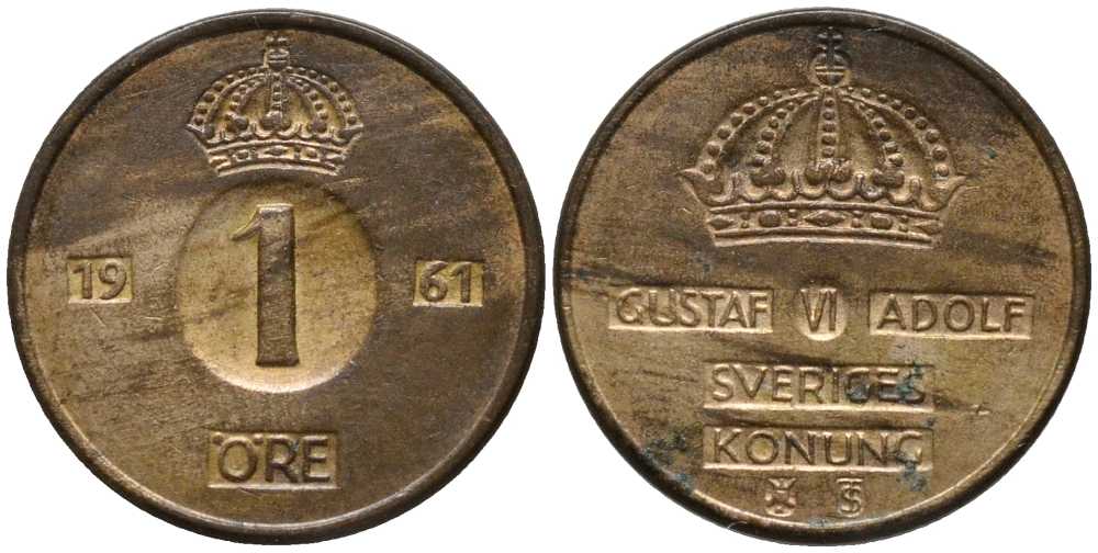 Швеция 1 эре 1961 TS, Густав VI Адольф (1950-1973) KM 820 бронза 201-1149