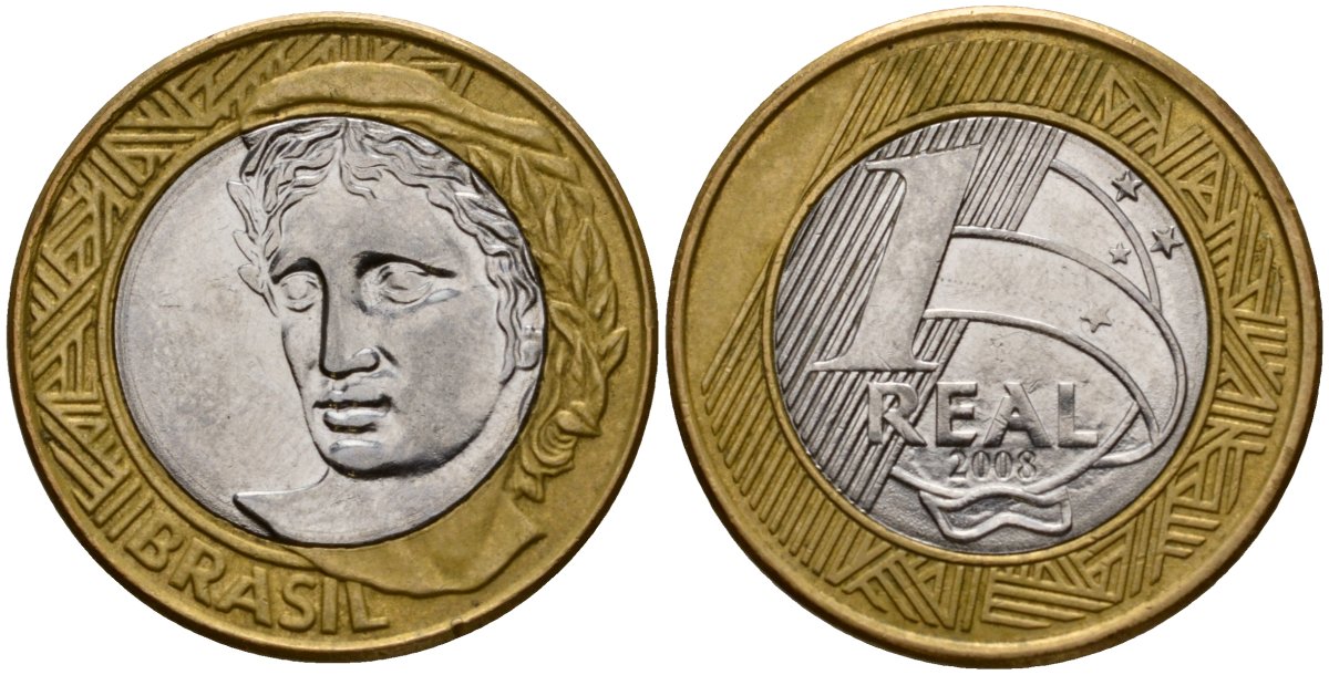 Бразилия 1 реал 2008 KM 652a биметалл 4143-455