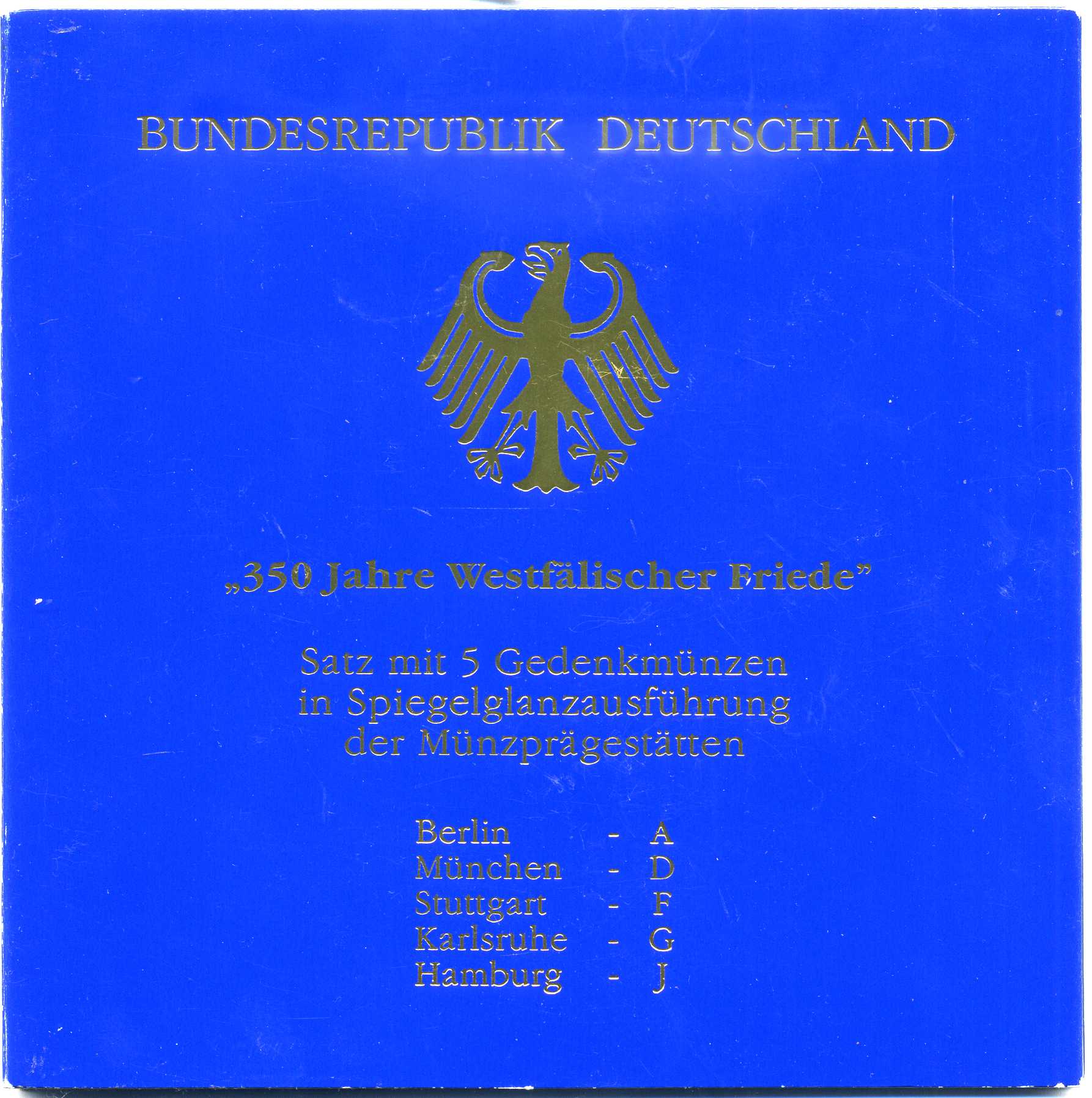 ФРГ набор из 5 штук по 10 марок 1998 A, D, F, G, J, 350 лет Вестфальскому мирному договору серебро PROOF 6-5-2-3