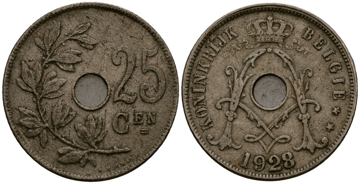 Бельгия 25 сантимов 1928 Belgie KM 69 медно-никель 4131-925