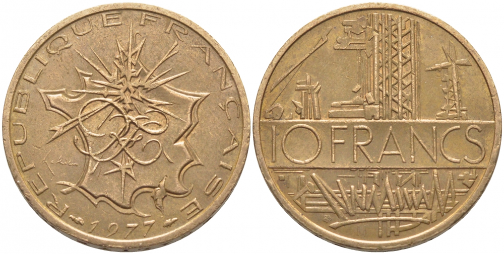 Франция 10 франков 1977 тип Матье KM 940, Le Franc 365.9-10 никель латунь 110-1034