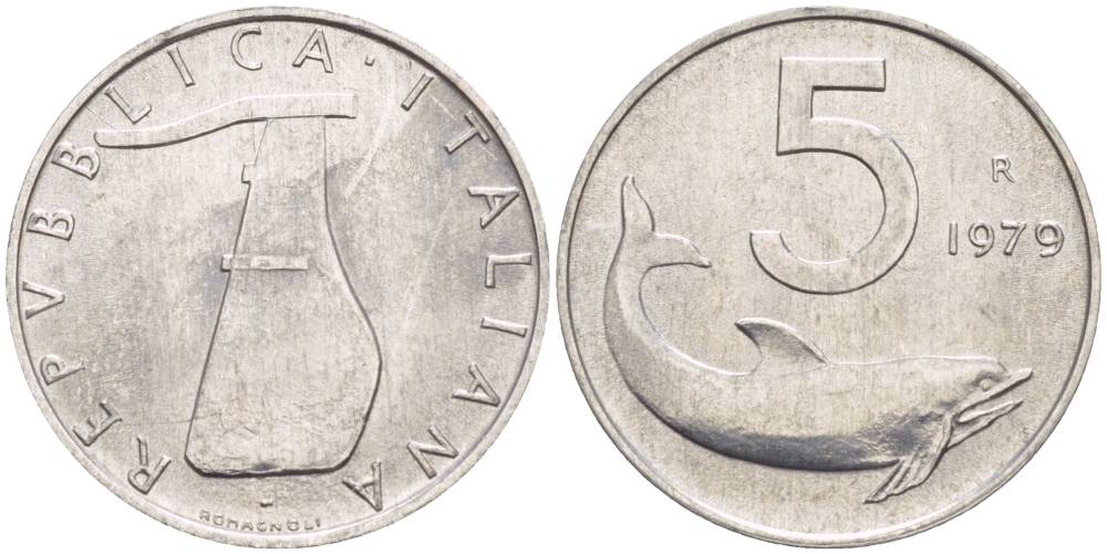 ИТАЛИЯ 5 ЛИР 1979 R, ДЕЛЬФИН, РУЛЬ KM 92 алюминий UNC 4551-135