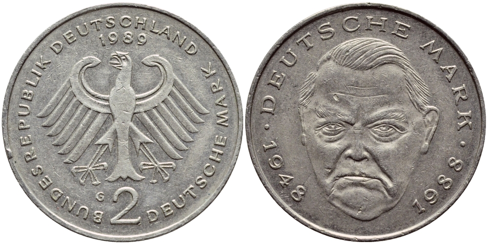 ФРГ 2 МАРКИ 1989 G, ЭРХАРД ЛЮДВИГ КМ 170 J.445 медно-никель плакированный никелем 80-641
