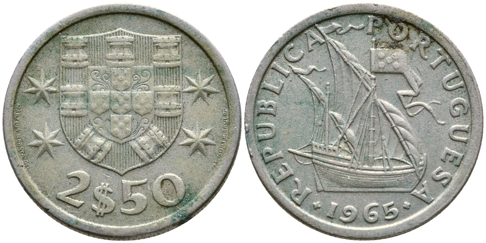 Португалия 2,5 эскудо 1965 парусник KM 590 медно-никель 4387-115