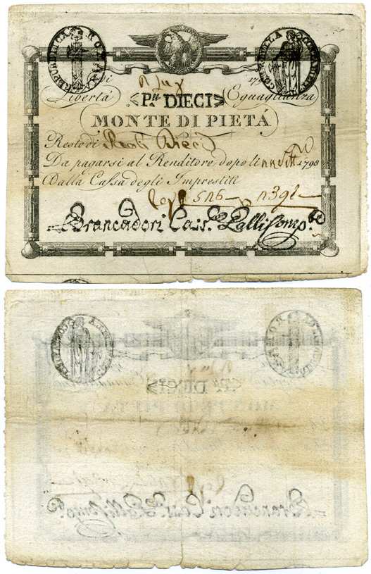 Италия 10 Паоли = 100 Байоччи 1798 Prima repubblica Romana, MONTE Di PIETA' Pick S530 бумага 8612-63-1