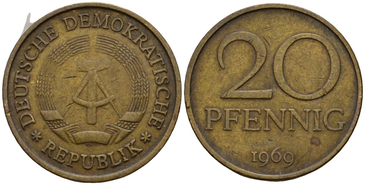 ГДР 20 пфеннигов 1969 A, первый год KM 11 латунь 4601-536